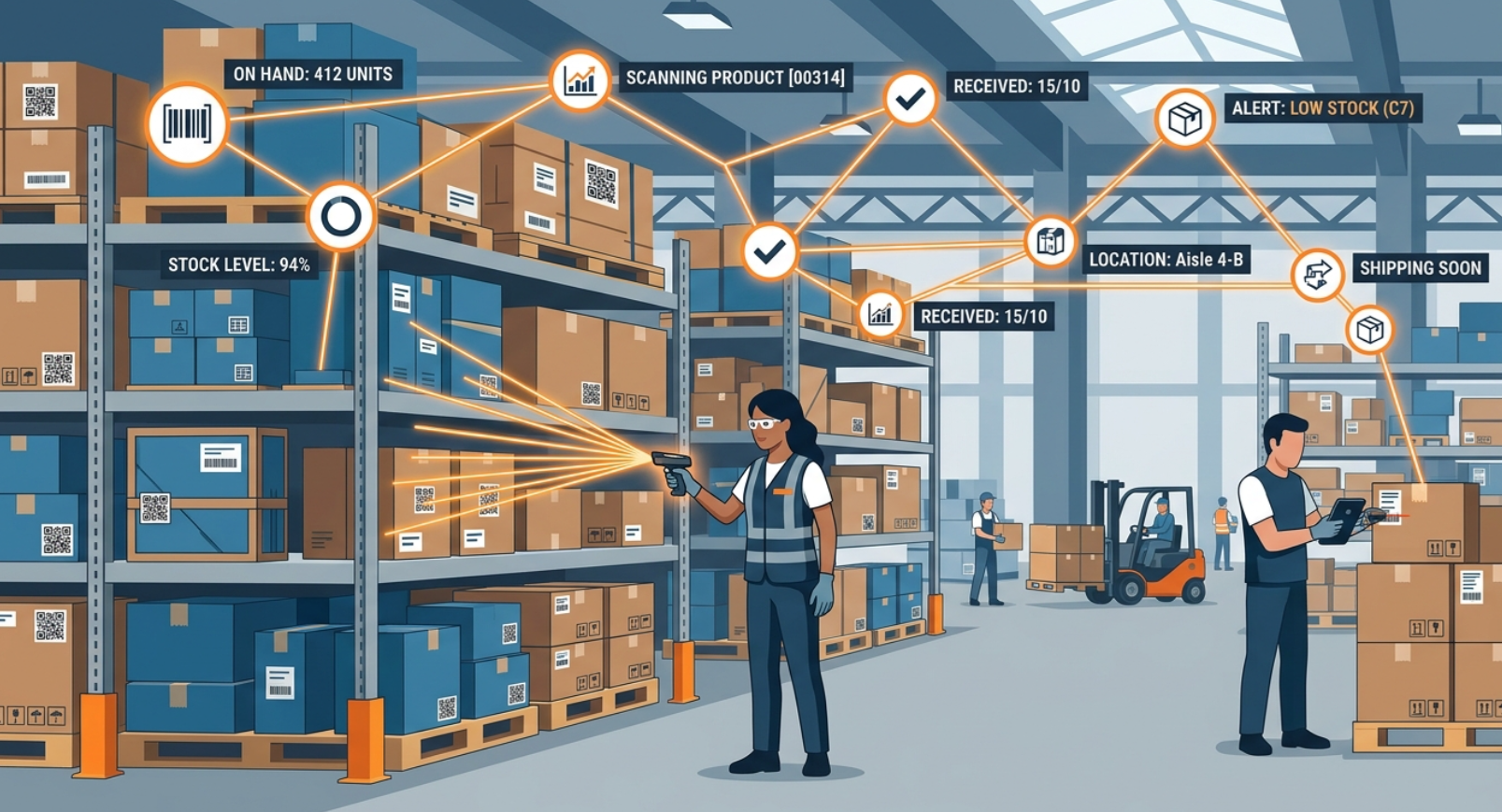 Industrial warehouse stock monitoring graphic