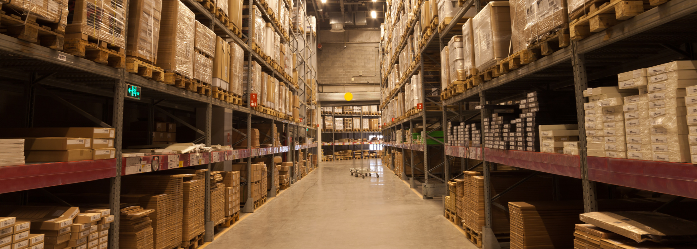 Industrial warehouse shelving with inventory stock representing inventory turnover ratio tracking