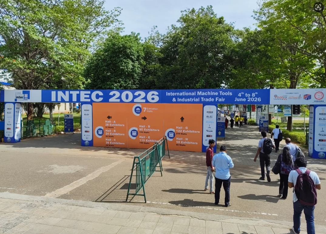 Busy manufacturing trade fair floor at INTEC 2026 Coimbatore with exhibitors and visitors