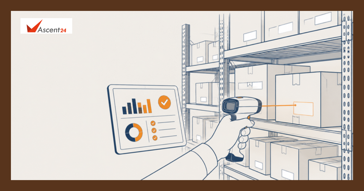 Illustration of warehouse shelves with a handheld scanner checking boxes against a stock dashboard