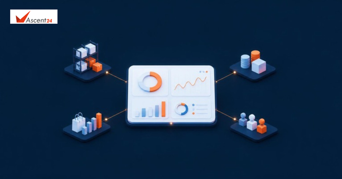 Split illustration of an AI chat bubble and a connected operations dashboard, for an article on why MSME AI tools need business software