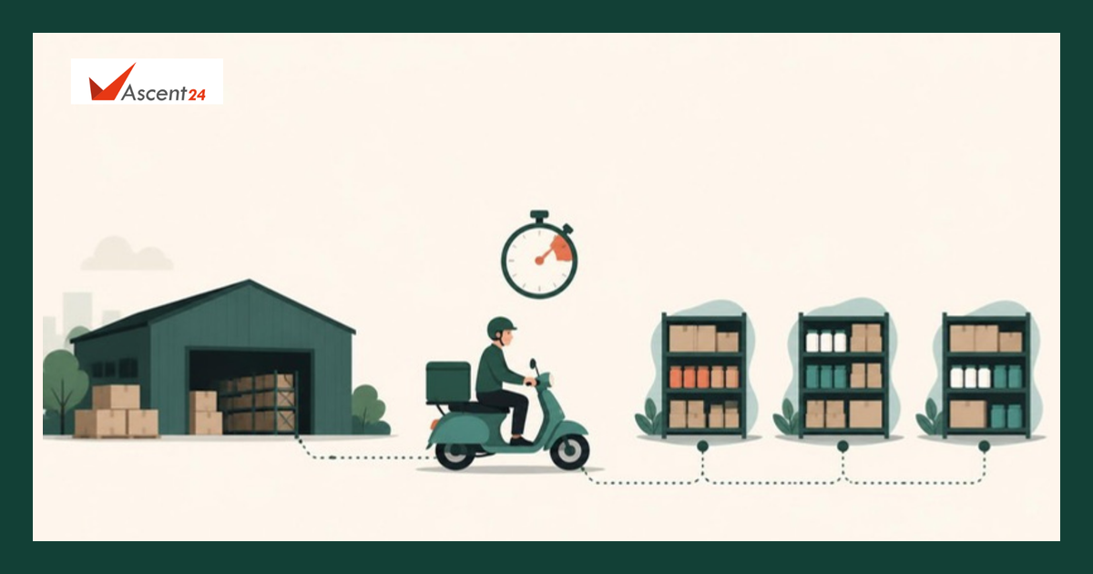 Illustration of a central warehouse supplying several small dark stores, representing quick commerce inventory planning