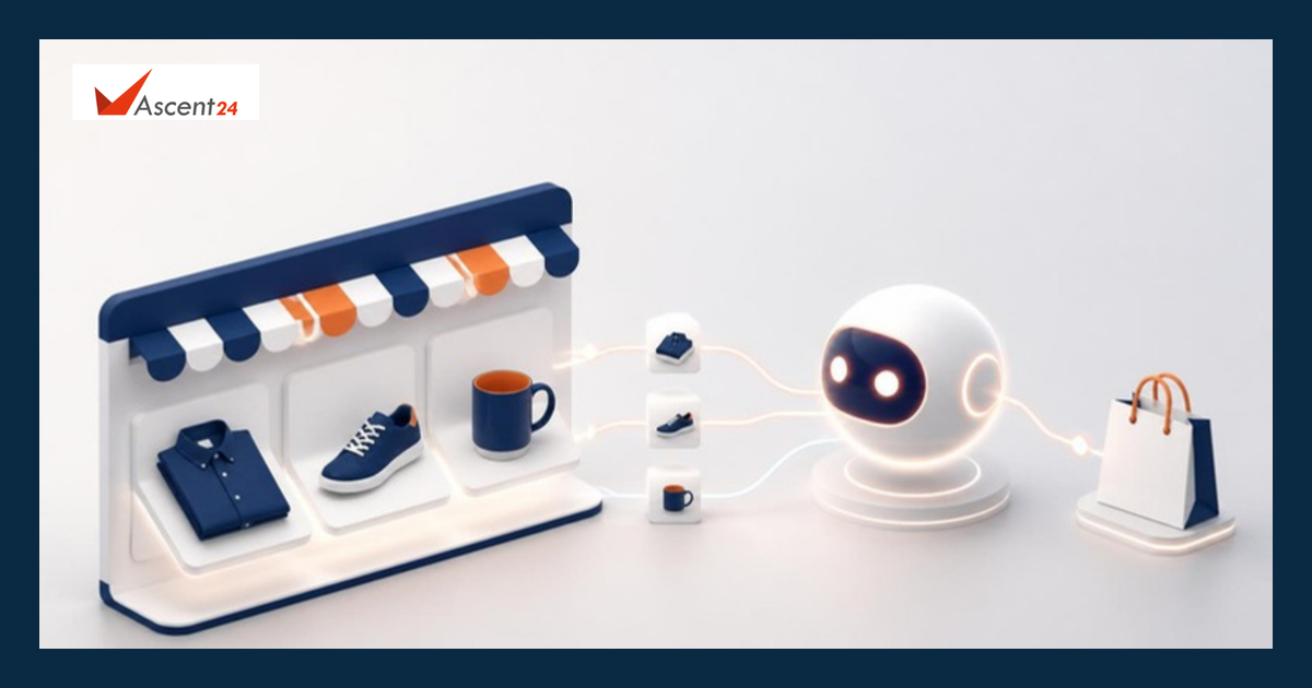 Online storefront with product cards connected to an AI shopping assistant and a shopping bag