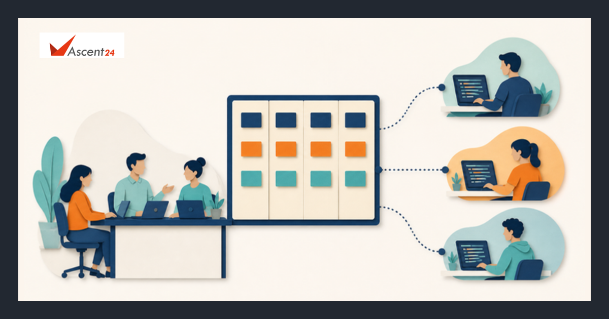 Illustration of an in-house team connected to remote developer workstations around a shared project board