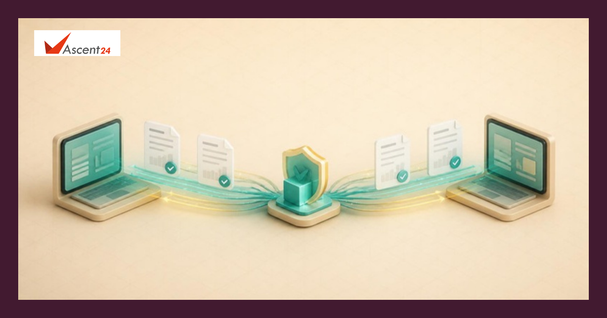 Illustration of invoice documents flowing between business systems through a secure network, representing UAE e-invoicing
