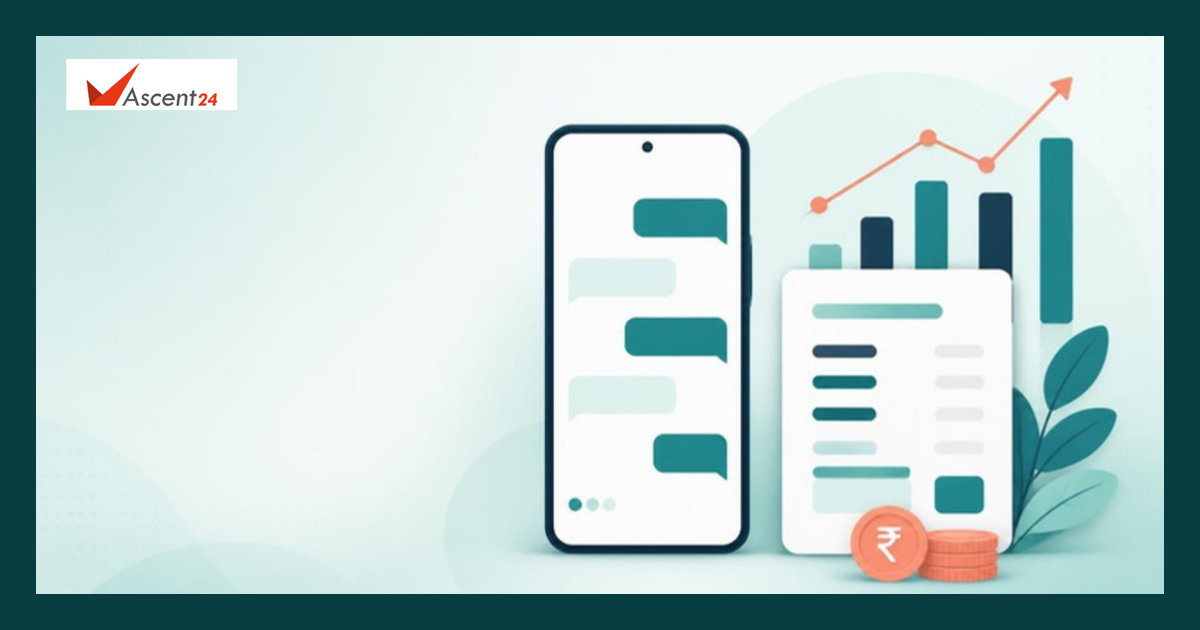 Illustration of a business phone with chat bubbles and a billing dashboard, with the Ascent24 logo